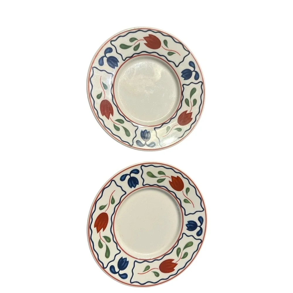 2 International‎ China Plates Vintage Red Blue Tulip Floral Semi-Porcelain Japan